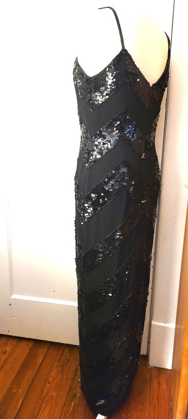 Vintage Y2K Black Silk Sequin Column Maxi Long Gown Evening Formal Slip Dress M - Picture 16 of 16